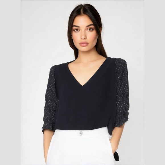 CeCe Black Crop Blouse with 3/4 Sleeves - Picture 1 of 8